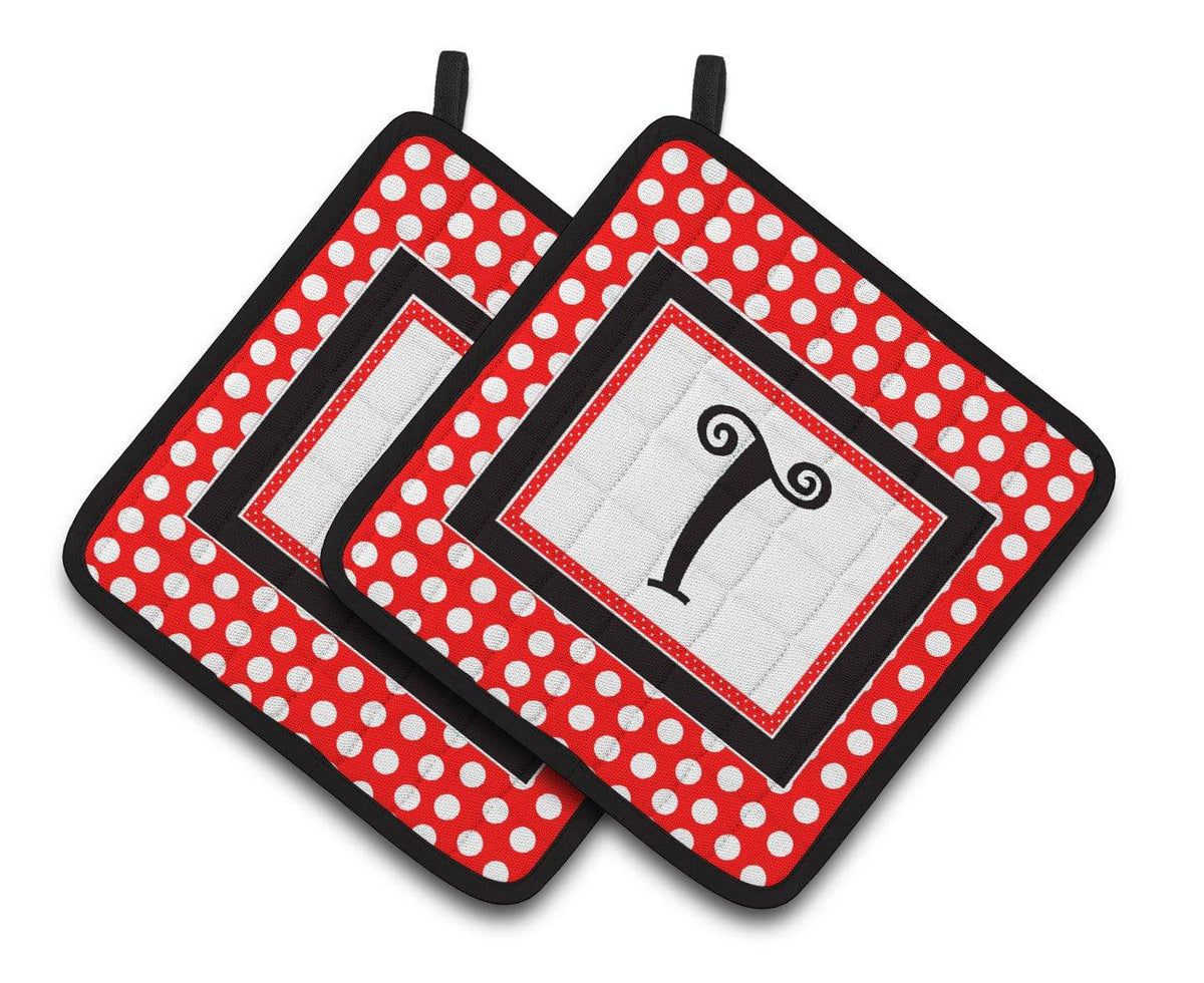 Monogram - Initial T Red Black Polka Dots Pair of Pot Holders CJ1012-TPTHD - the-store.com
