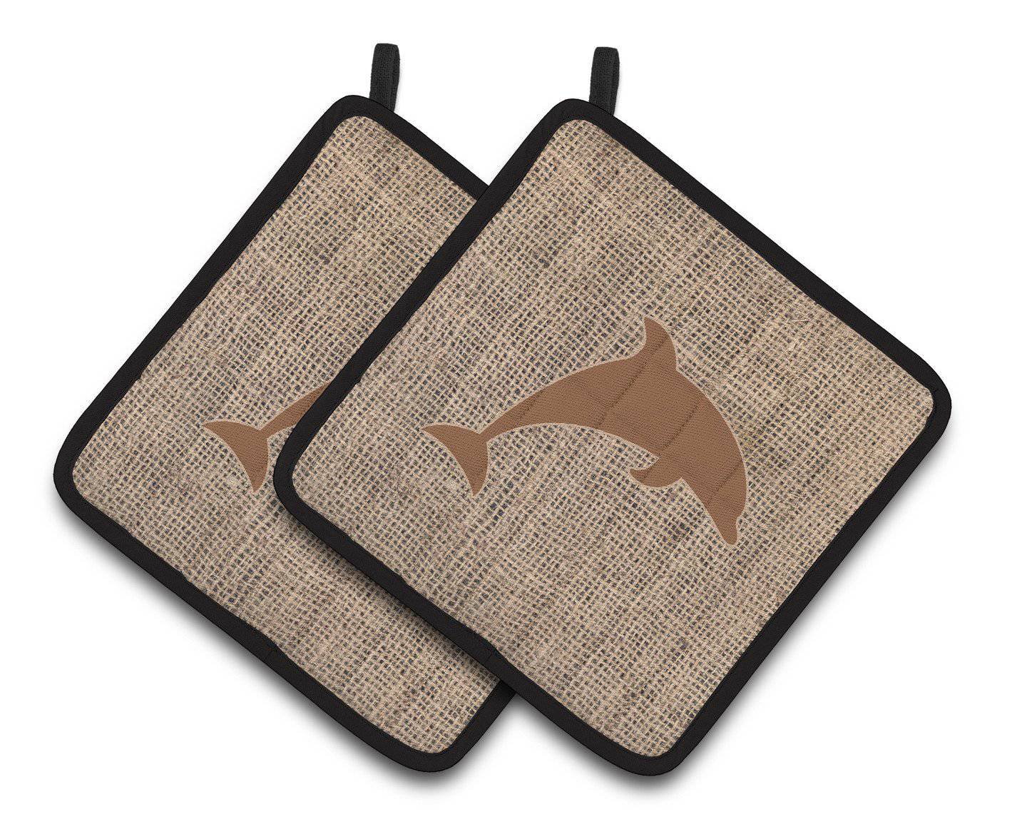 Dolphin Faux Burlap and Brown   Pair of Pot Holders BB1025-BL-BN-PTHD - the-store.com
