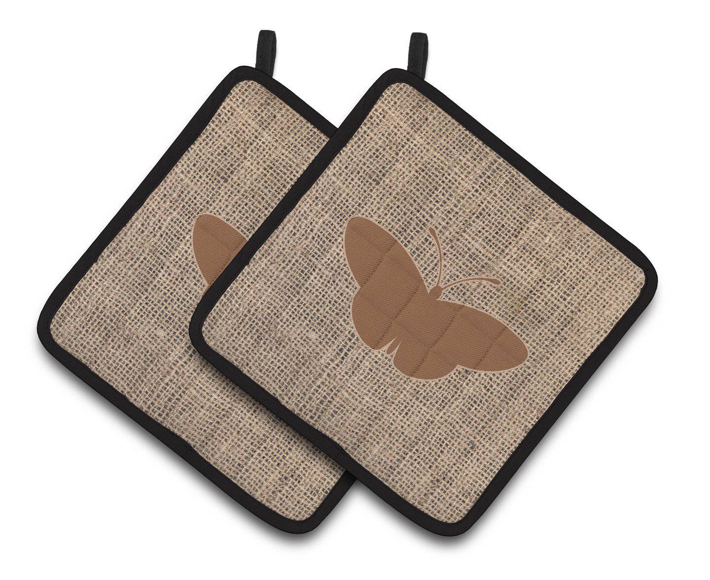 Butterfly Faux Burlap and Brown   Pair of Pot Holders BB1043-BL-BN-PTHD - the-store.com