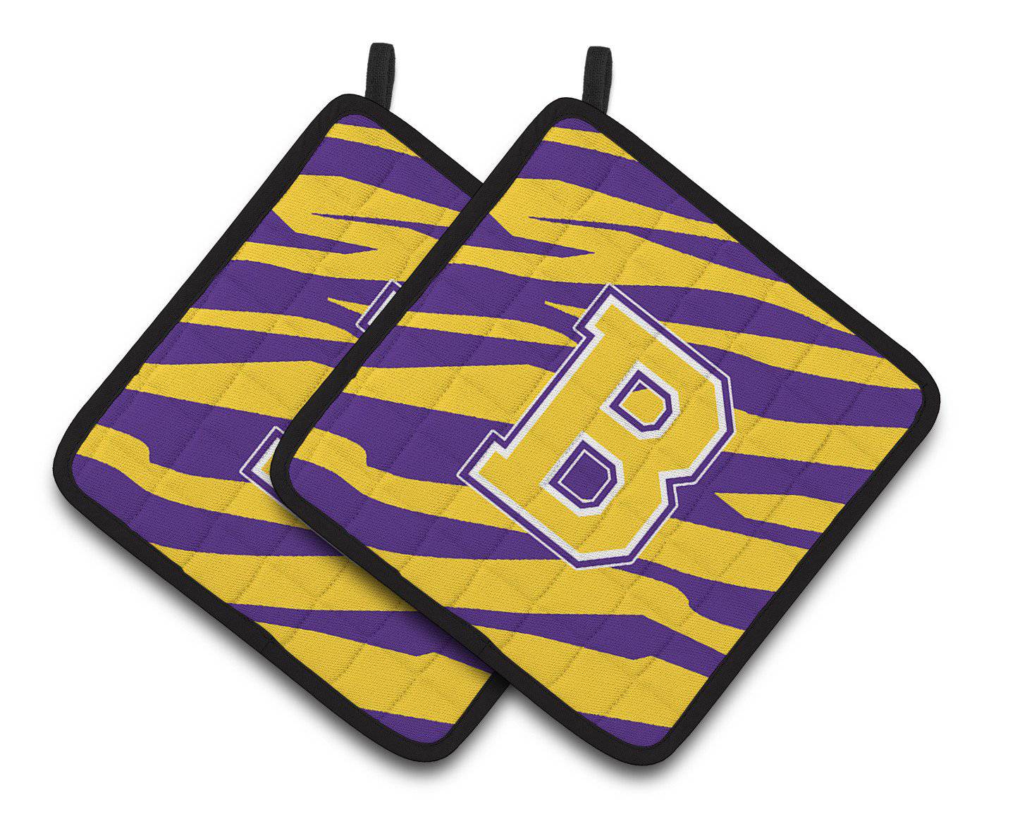 Letter B Monogram - Tiger Stripe - Purple Gold Pair of Pot Holders CJ1022-BPTHD - the-store.com