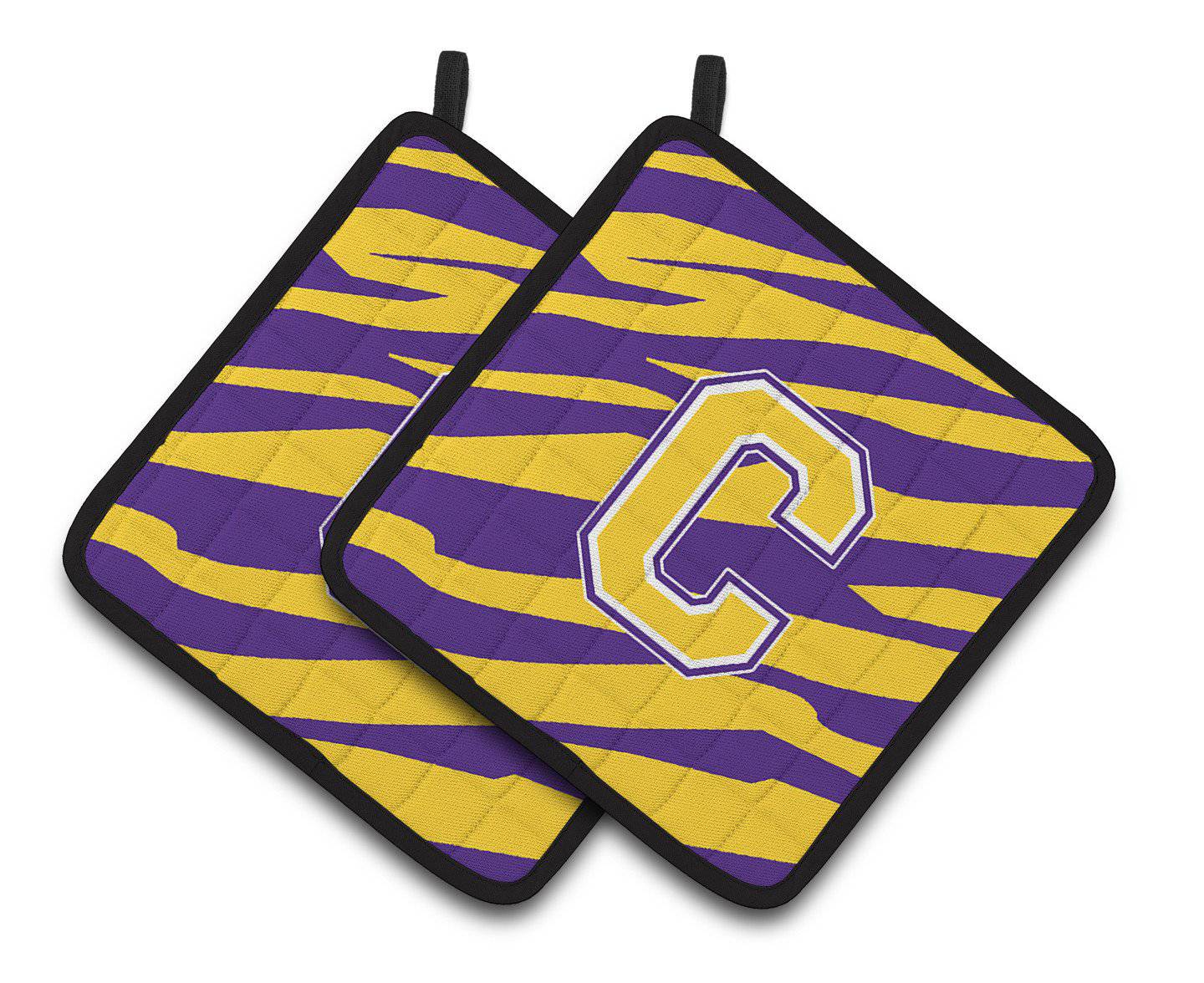 Letter C Monogram - Tiger Stripe - Purple Gold Pair of Pot Holders CJ1022-CPTHD - the-store.com