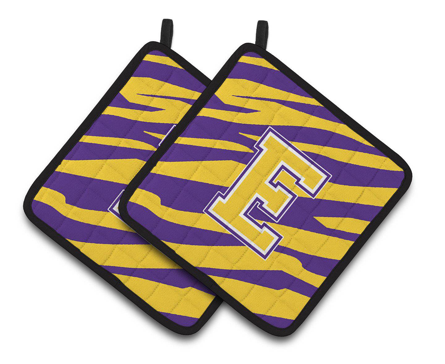 Letter E Monogram - Tiger Stripe - Purple Gold Pair of Pot Holders CJ1022-EPTHD - the-store.com