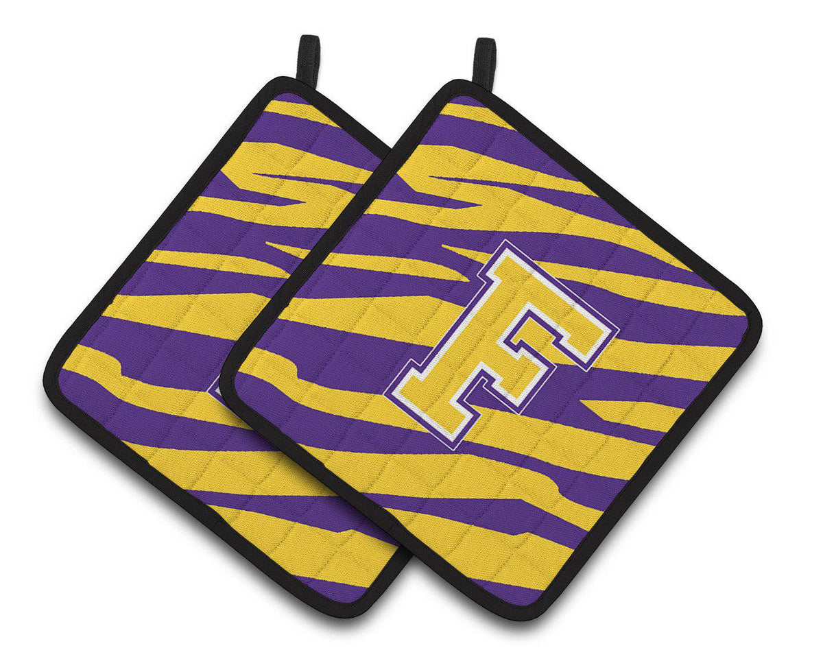 Letter F Monogram - Tiger Stripe - Purple Gold Pair of Pot Holders CJ1022-FPTHD - the-store.com