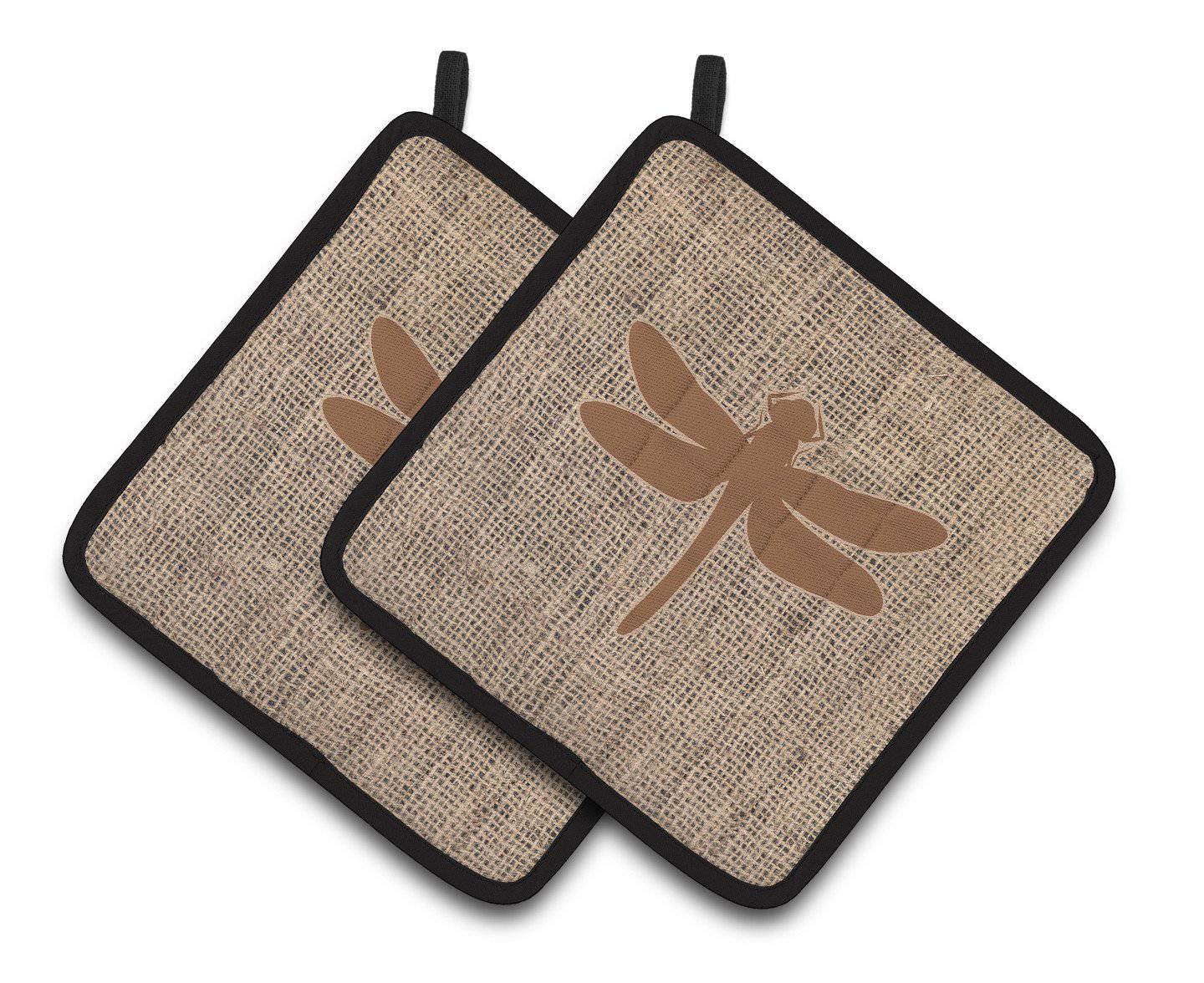 Dragonfly Faux Burlap and Brown   Pair of Pot Holders BB1062-BL-BN-PTHD - the-store.com