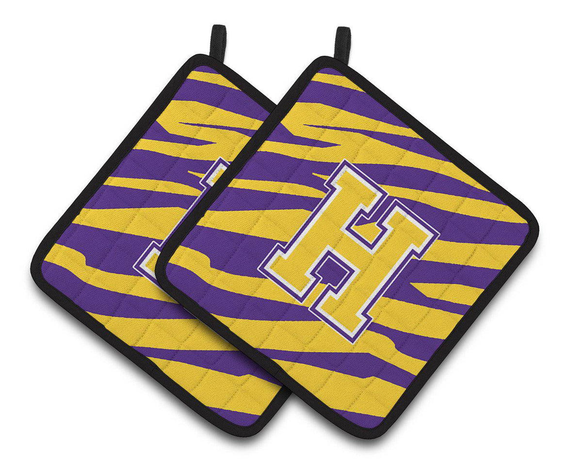 Letter H Monogram - Tiger Stripe - Purple Gold Pair of Pot Holders CJ1022-HPTHD - the-store.com