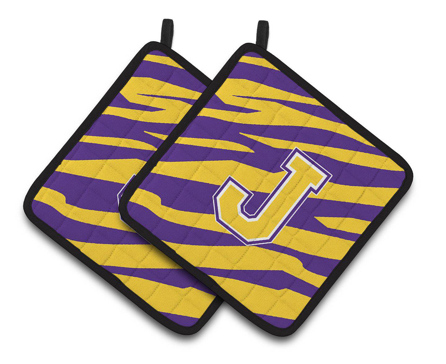 Letter J Monogram - Tiger Stripe - Purple Gold Pair of Pot Holders CJ1022-JPTHD - the-store.com