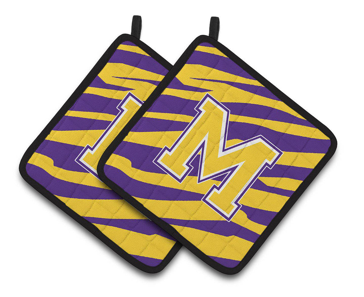 Letter M Monogram - Tiger Stripe - Purple Gold Pair of Pot Holders CJ1022-MPTHD - the-store.com