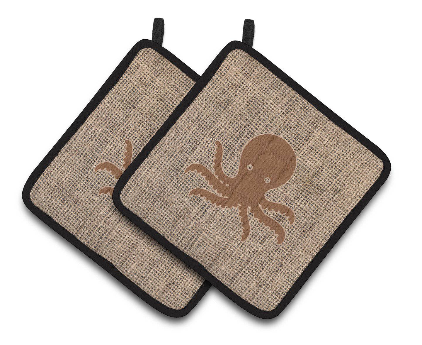 Octopus Faux Burlap and Brown   Pair of Pot Holders BB1090-BL-BN-PTHD - the-store.com