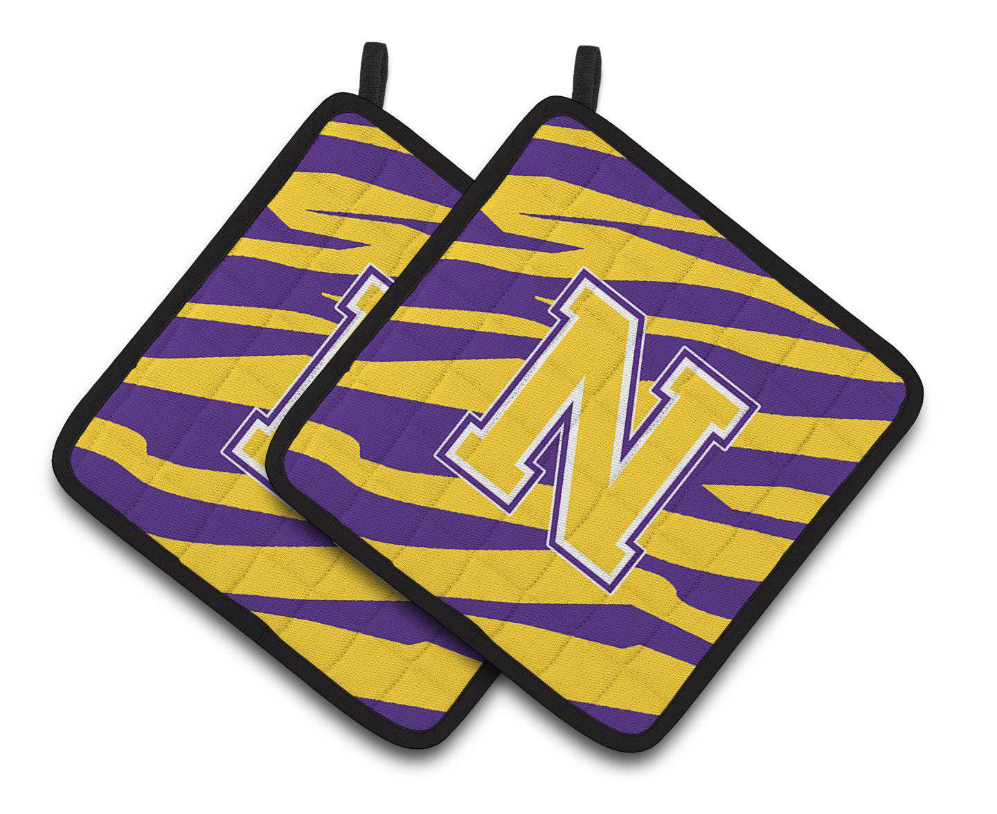 Letter N Monogram - Tiger Stripe - Purple Gold Pair of Pot Holders CJ1022-NPTHD - the-store.com