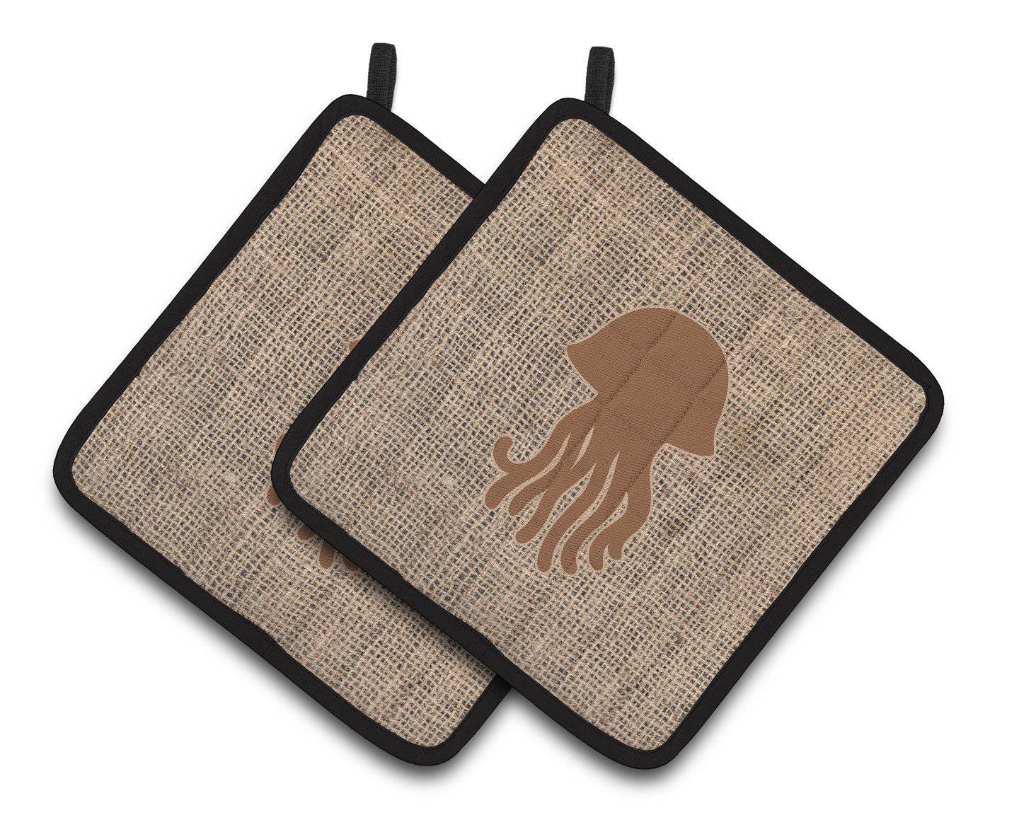 Jellyfish Faux Burlap and Brown   Pair of Pot Holders BB1091-BL-BN-PTHD - the-store.com