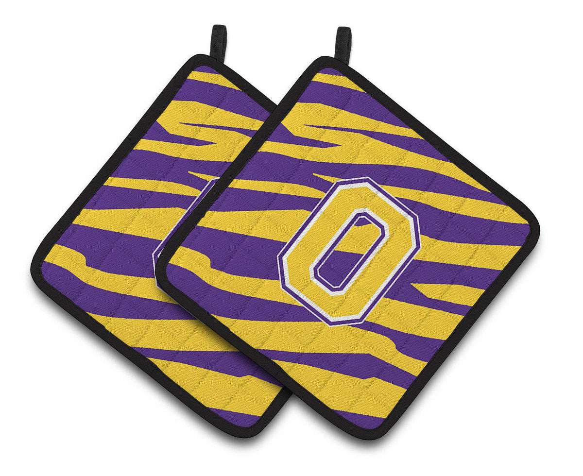 Letter O Monogram - Tiger Stripe - Purple Gold Pair of Pot Holders CJ1022-OPTHD - the-store.com