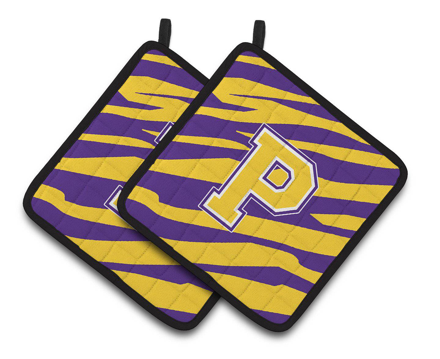 Letter P Monogram - Tiger Stripe - Purple Gold Pair of Pot Holders CJ1022-PPTHD - the-store.com