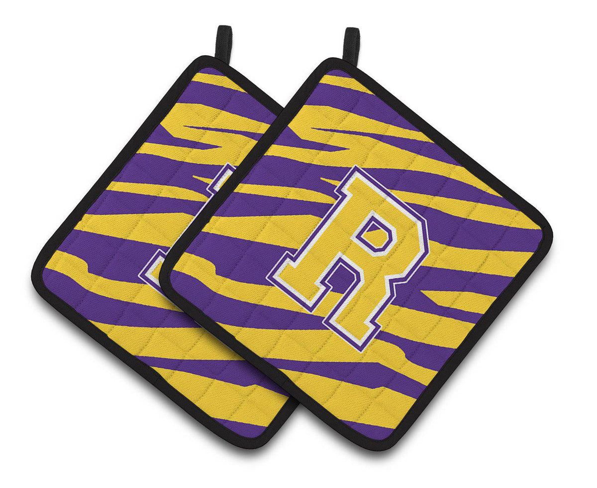Letter R Monogram - Tiger Stripe - Purple Gold Pair of Pot Holders CJ1022-RPTHD - the-store.com