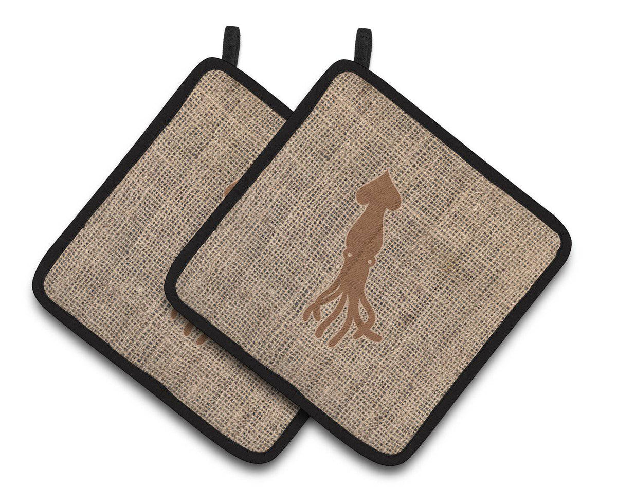 Squid Faux Burlap and Brown   Pair of Pot Holders BB1096-BL-BN-PTHD - the-store.com