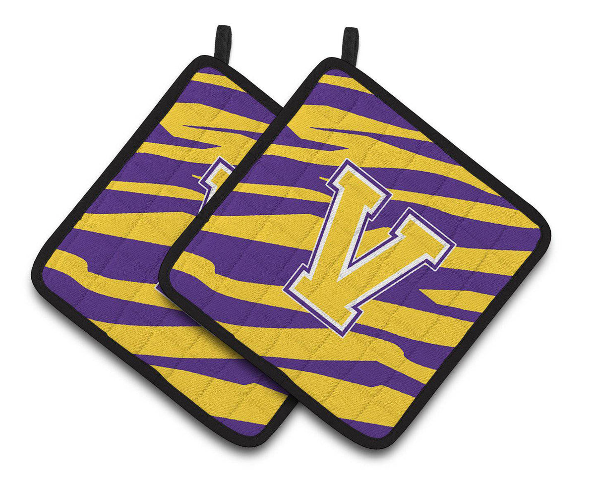 Letter V Monogram - Tiger Stripe - Purple Gold Pair of Pot Holders CJ1022-VPTHD - the-store.com