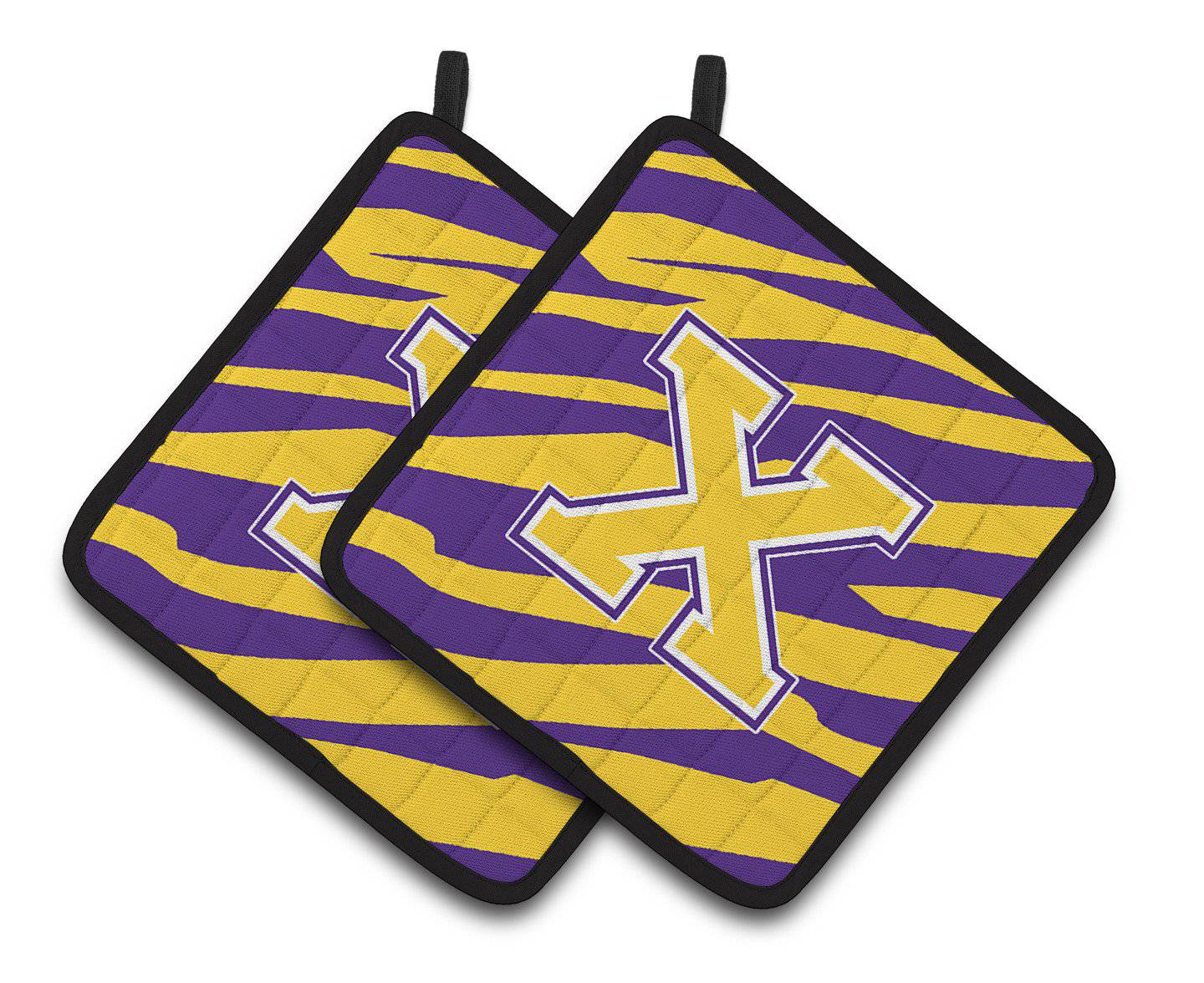 Letter X Monogram - Tiger Stripe - Purple Gold Pair of Pot Holders CJ1022-XPTHD - the-store.com