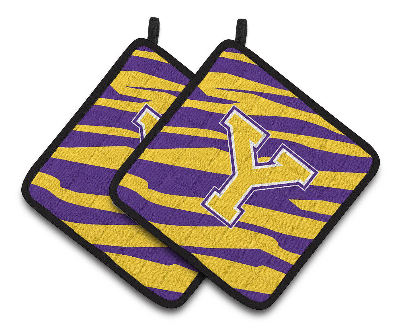 Letter Y Monogram - Tiger Stripe - Purple Gold Pair of Pot Holders CJ1022-YPTHD - the-store.com