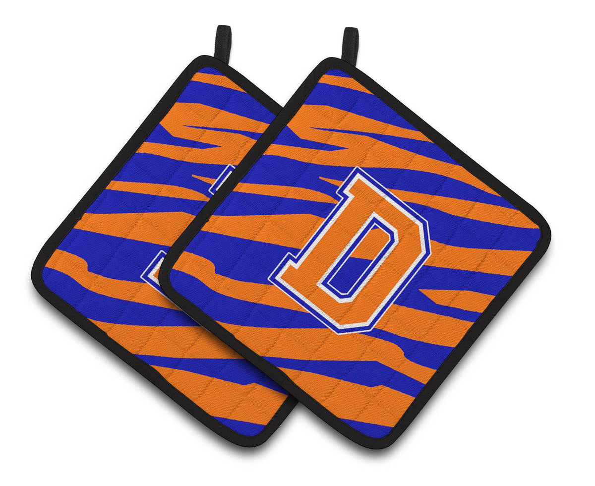 Monogram Initial D Tiger Stripe - Blue Orange Pair of Pot Holders CJ1023-DPTHD - the-store.com