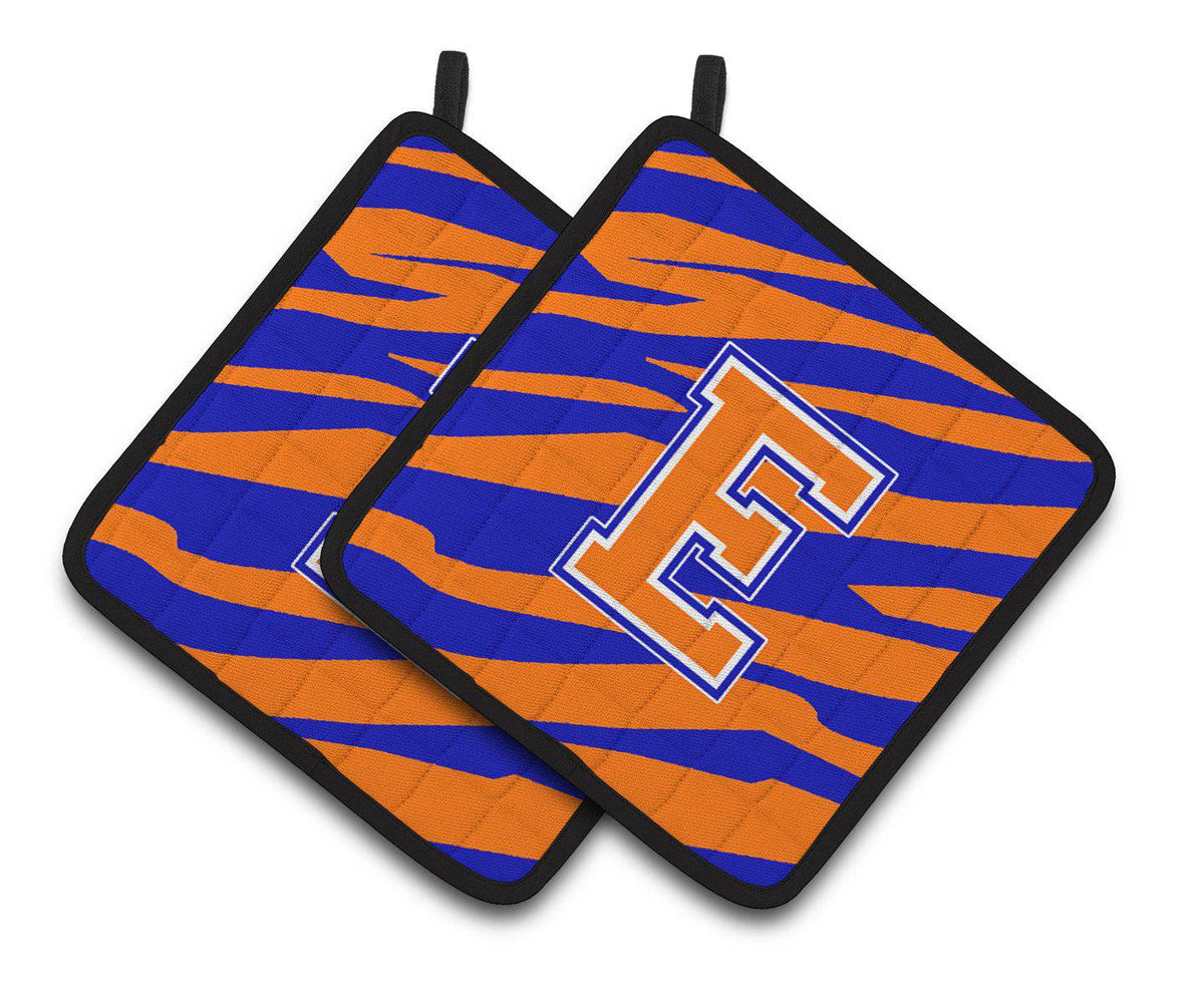 Monogram Initial E Tiger Stripe - Blue Orange Pair of Pot Holders CJ1023-EPTHD - the-store.com
