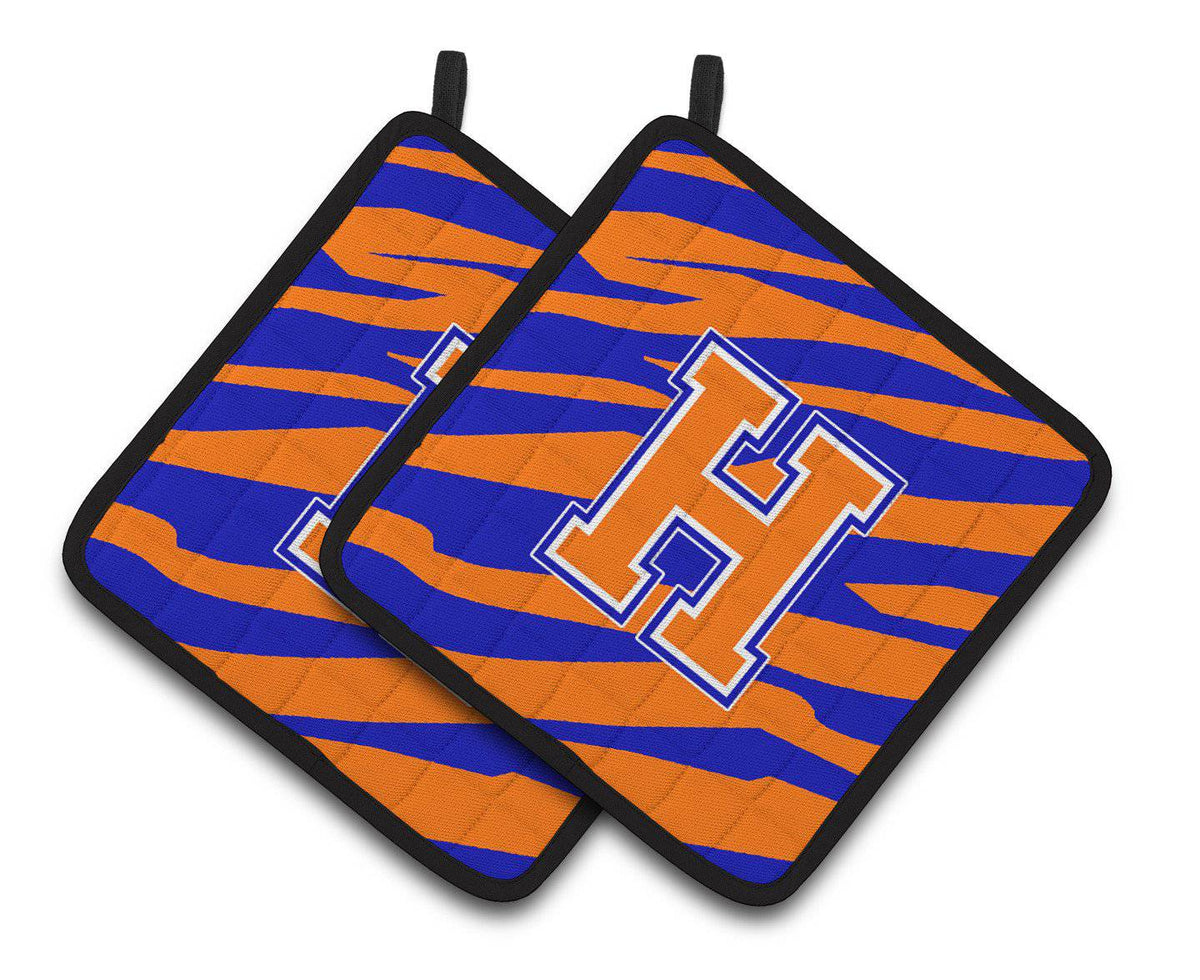 Monogram Initial H Tiger Stripe - Blue Orange Pair of Pot Holders CJ1023-HPTHD - the-store.com