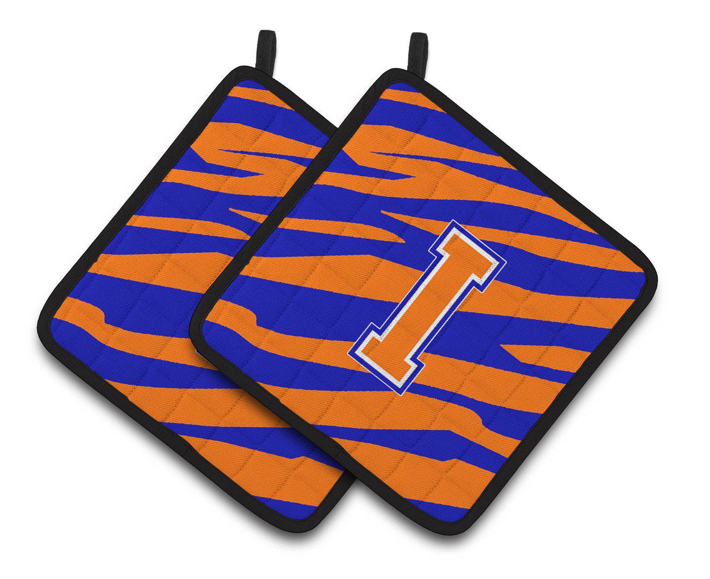 Monogram Initial I Tiger Stripe - Blue Orange Pair of Pot Holders CJ1023-IPTHD - the-store.com
