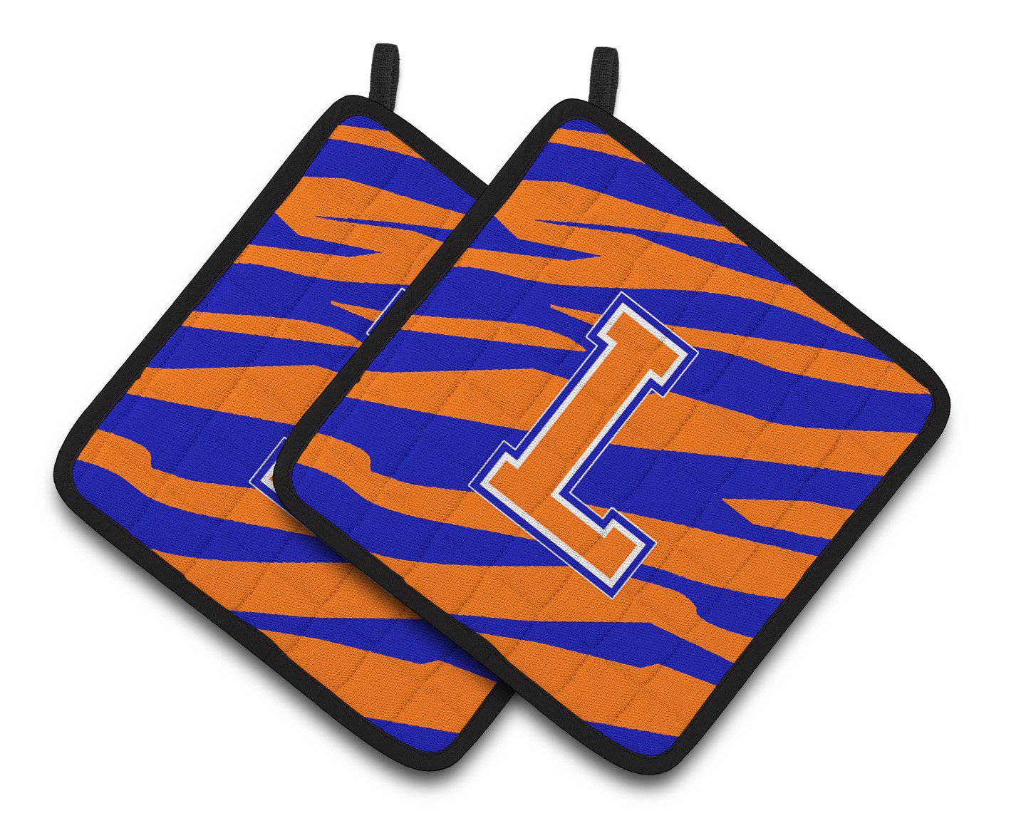 Monogram Initial L Tiger Stripe - Blue Orange Pair of Pot Holders CJ1023-LPTHD - the-store.com