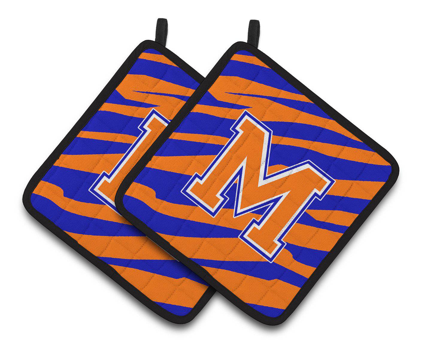 Monogram Initial M Tiger Stripe - Blue Orange Pair of Pot Holders CJ1023-MPTHD - the-store.com