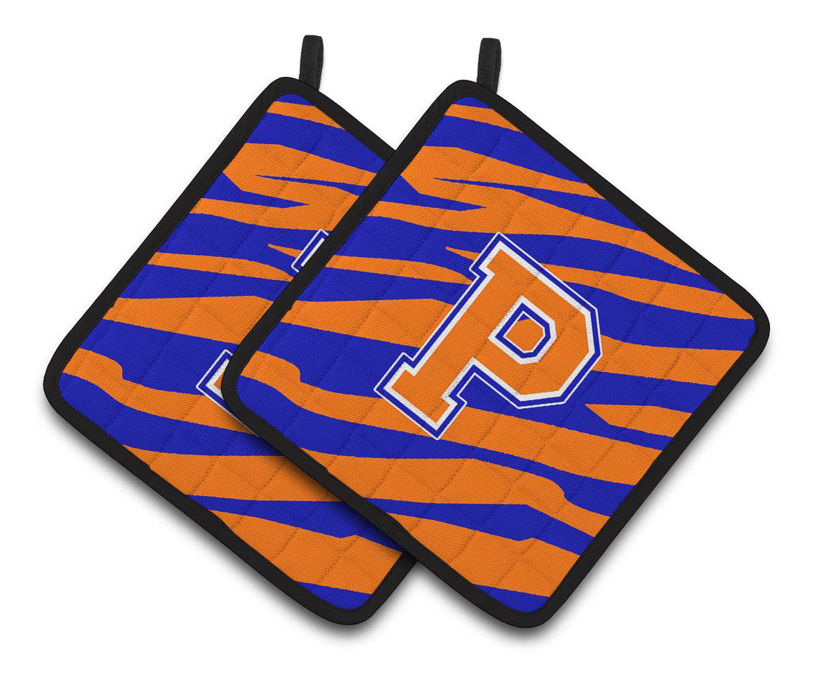 Monogram Initial P Tiger Stripe - Blue Orange Pair of Pot Holders CJ1023-PPTHD - the-store.com