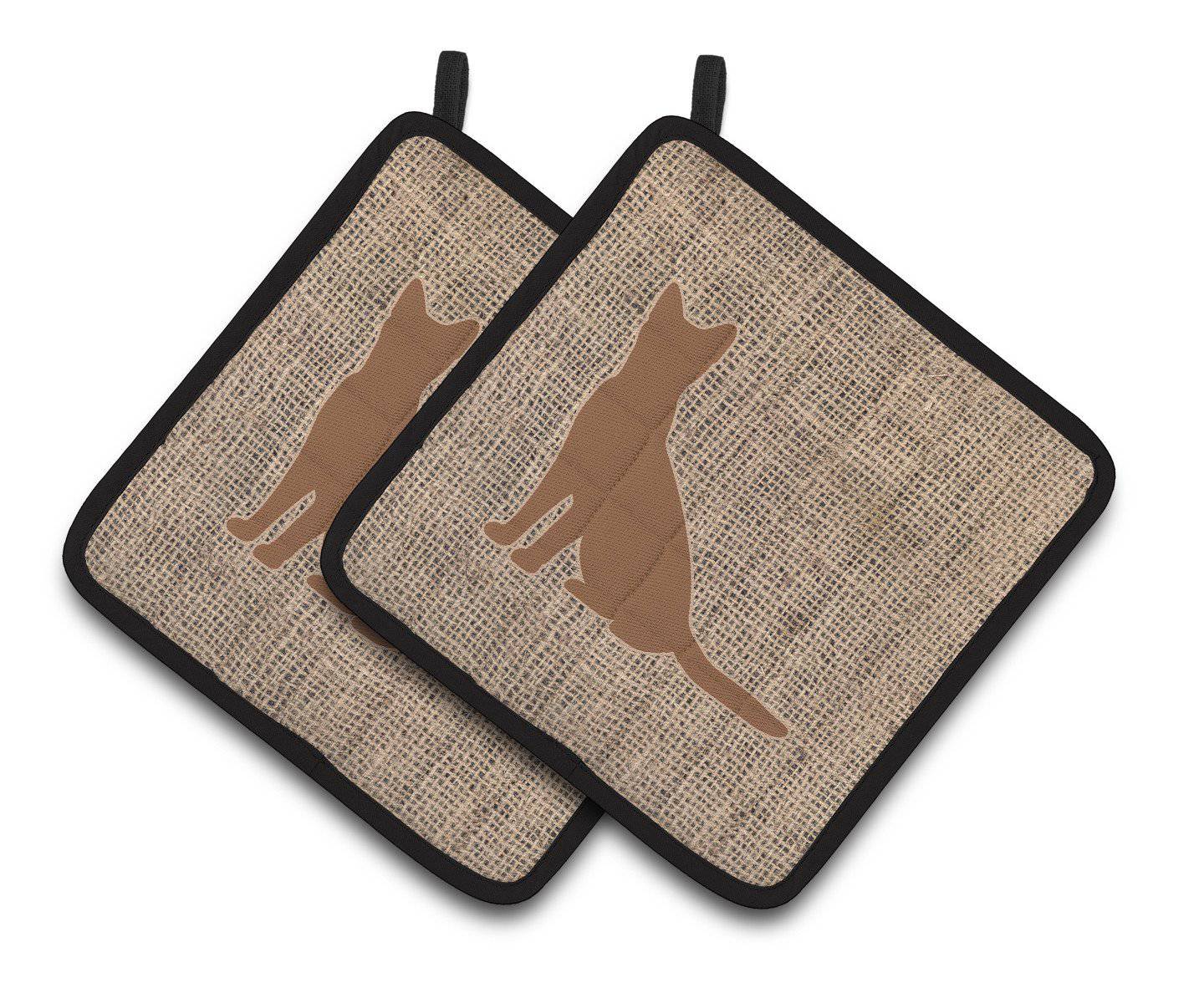 Cat Faux Burlap and Brown   Pair of Pot Holders BB1071-BL-BN-PTHD - the-store.com
