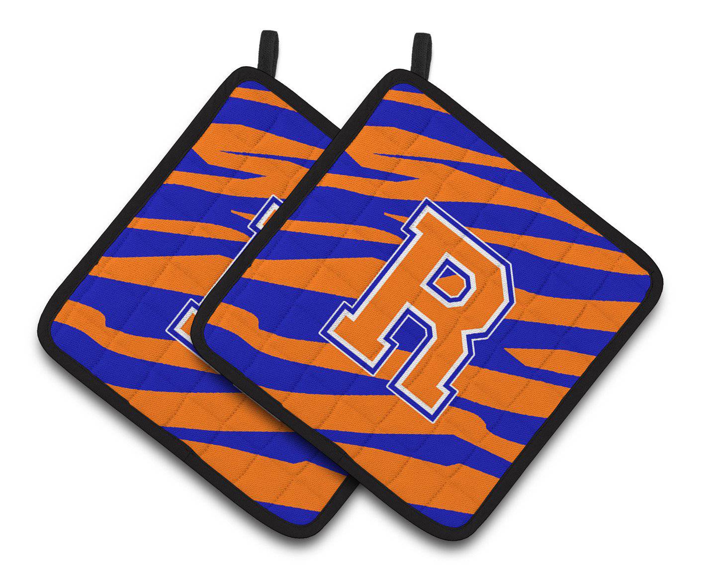 Monogram Initial R Tiger Stripe - Blue Orange Pair of Pot Holders CJ1023-RPTHD - the-store.com