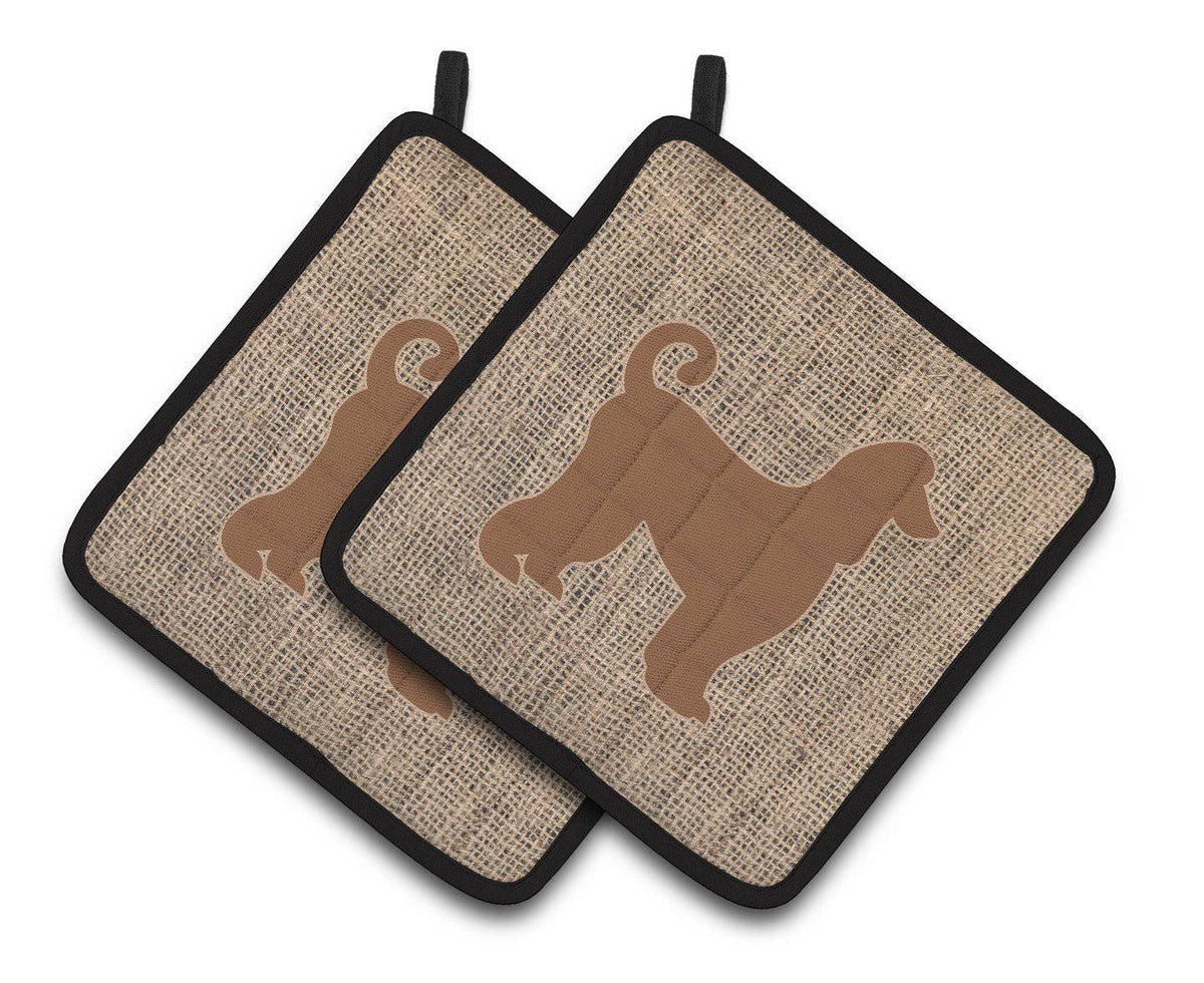 Afghan Hound Faux Burlap and Brown   Pair of Pot Holders BB1066-BL-BN-PTHD - the-store.com