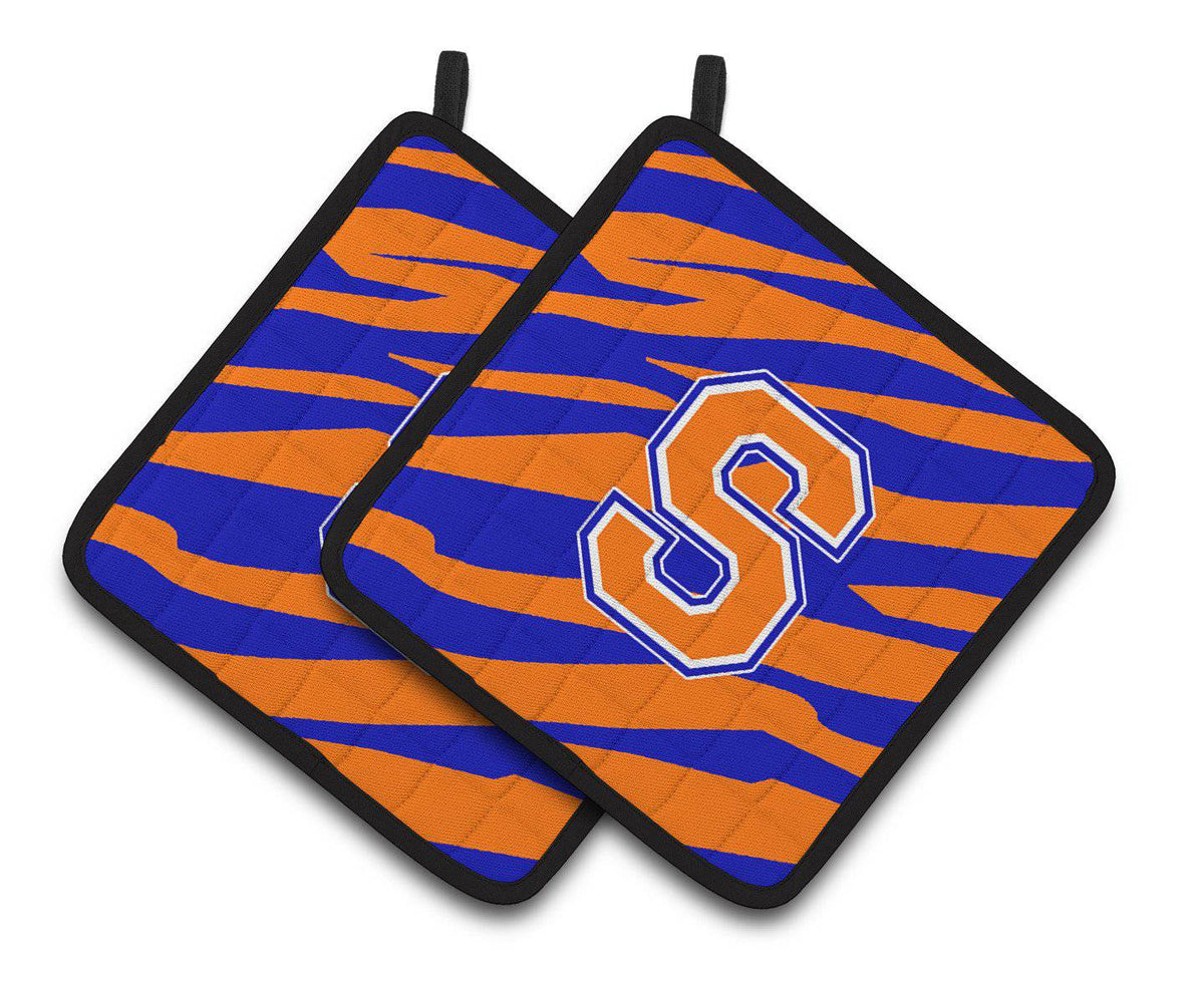 Monogram Initial S Tiger Stripe - Blue Orange Pair of Pot Holders CJ1023-SPTHD - the-store.com