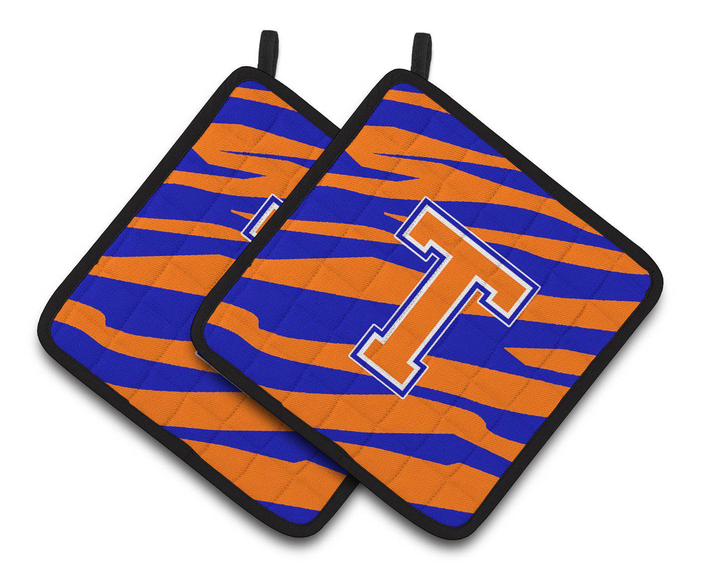 Monogram Initial T Tiger Stripe - Blue Orange Pair of Pot Holders CJ1023-TPTHD - the-store.com