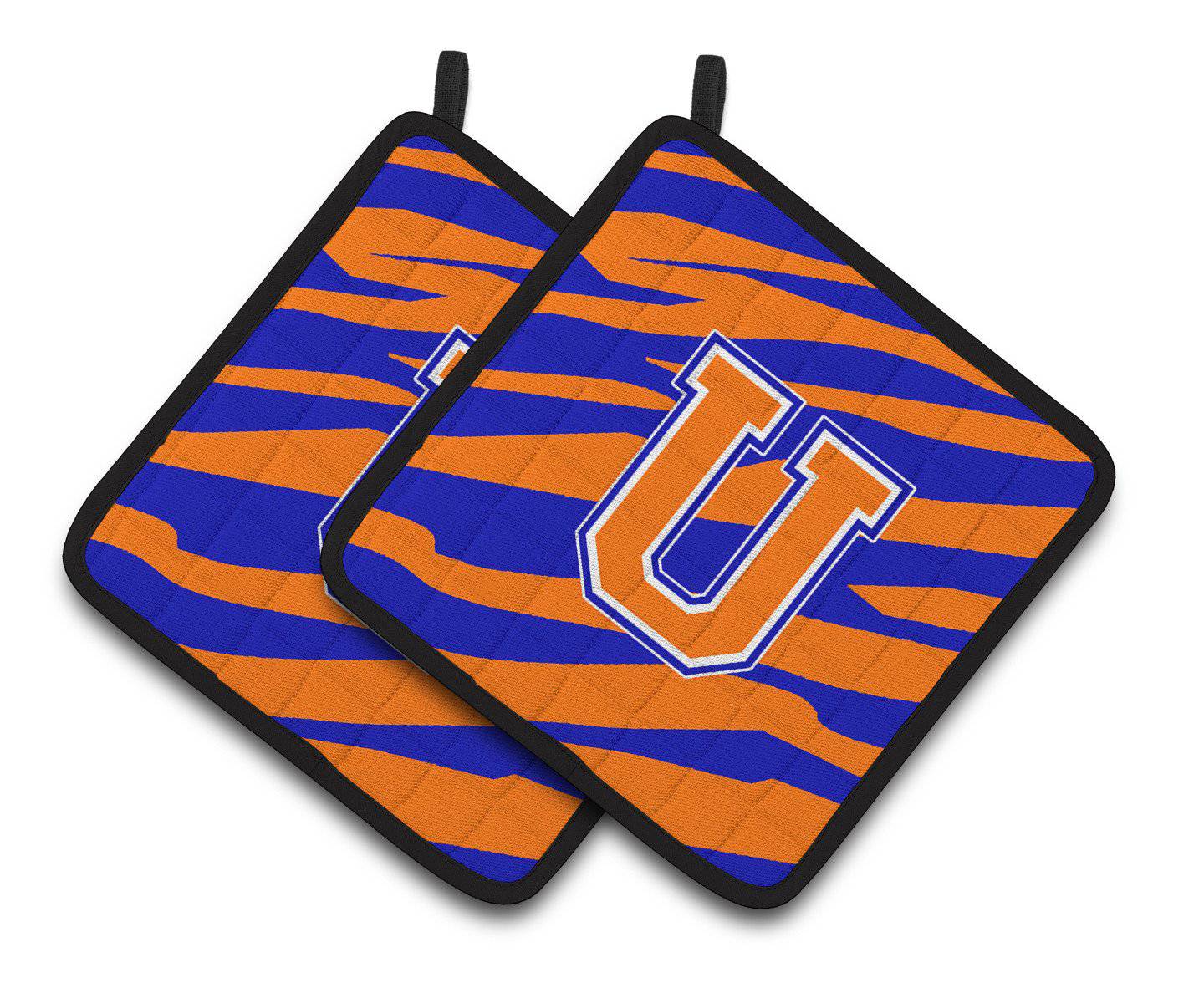 Monogram Initial U Tiger Stripe - Blue Orange Pair of Pot Holders CJ1023-UPTHD - the-store.com
