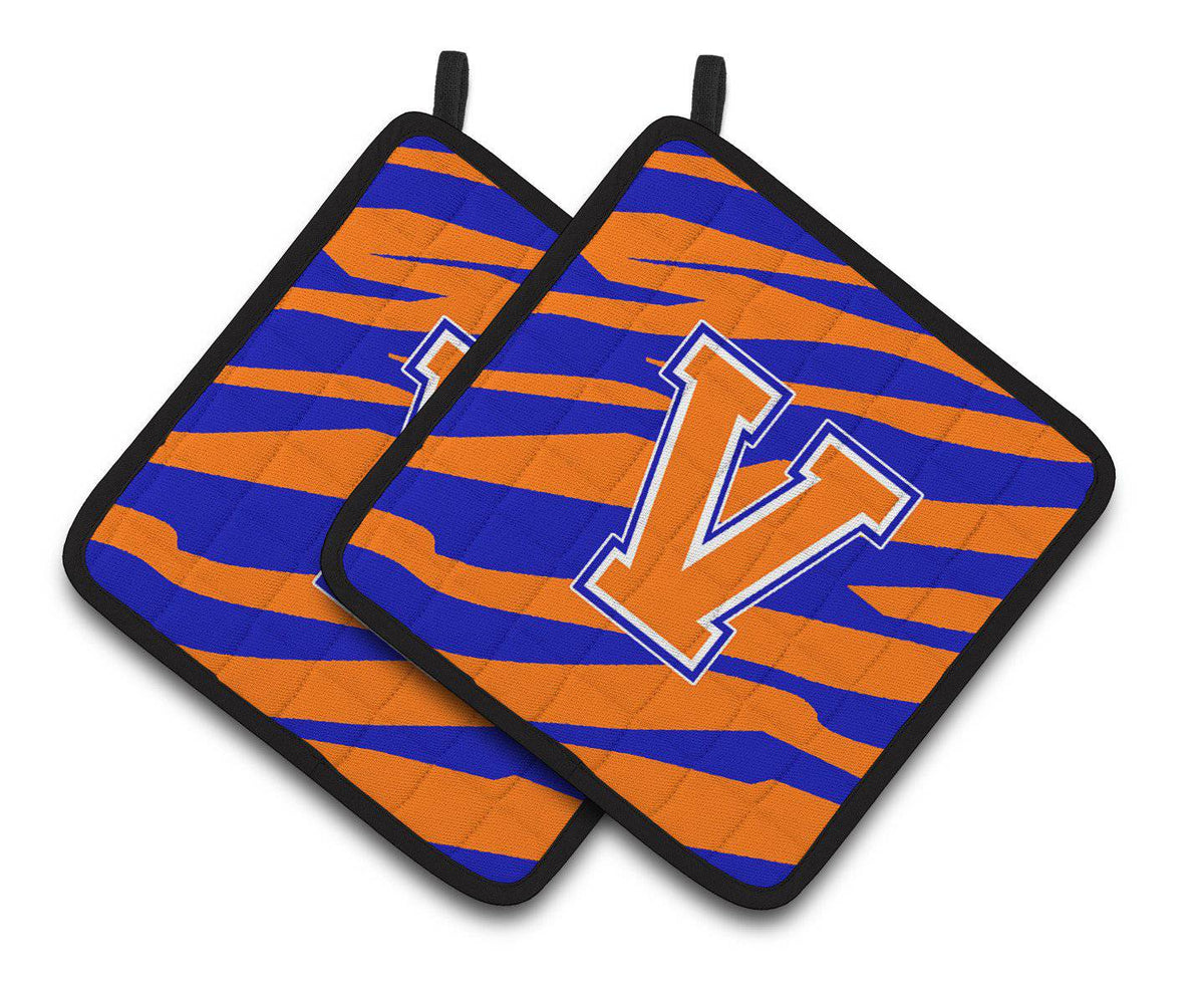 Monogram Initial V Tiger Stripe - Blue Orange Pair of Pot Holders CJ1023-VPTHD - the-store.com