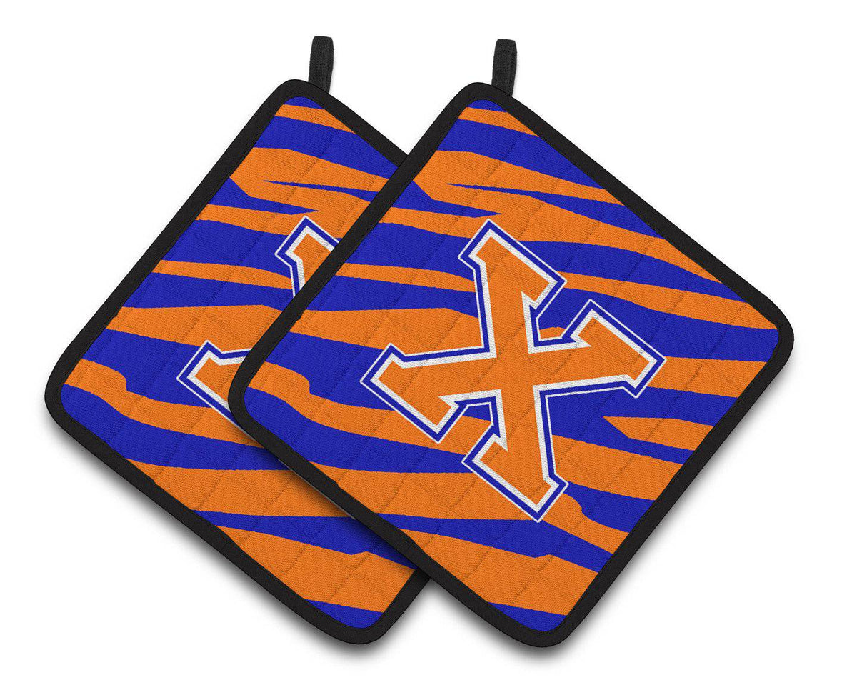 Monogram Initial X Tiger Stripe - Blue Orange Pair of Pot Holders CJ1023-XPTHD - the-store.com