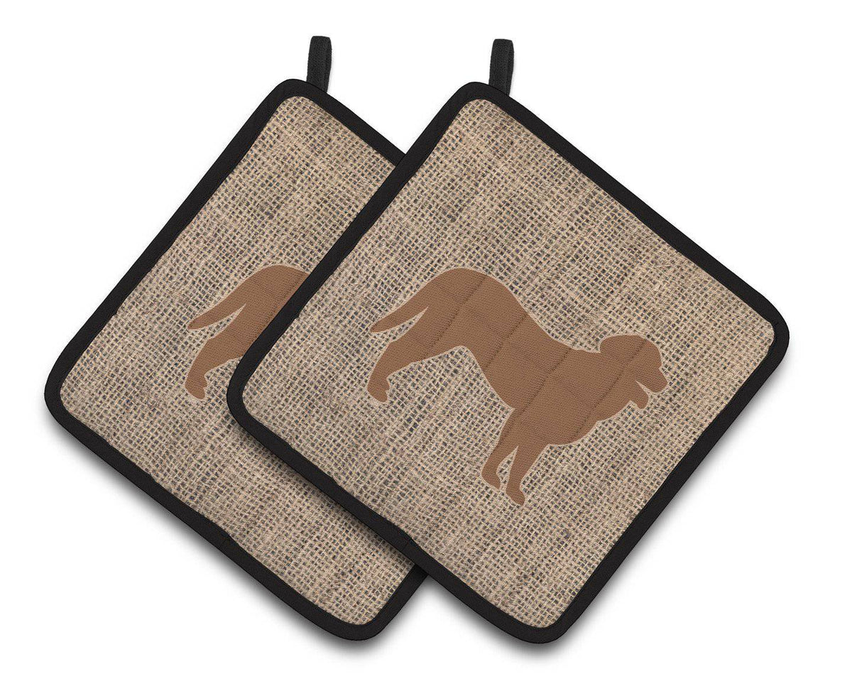 Curly Coated Retriever Faux Burlap and Brown  Pair of Pot Holders BB1074-BL-BN-PTHD - the-store.com