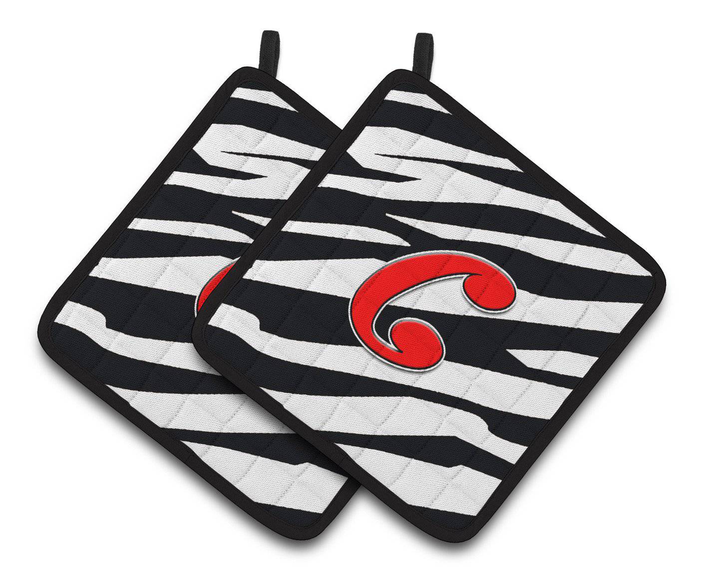 Monogram Initial C Zebra Red  Pair of Pot Holders CJ1024-CPTHD - the-store.com