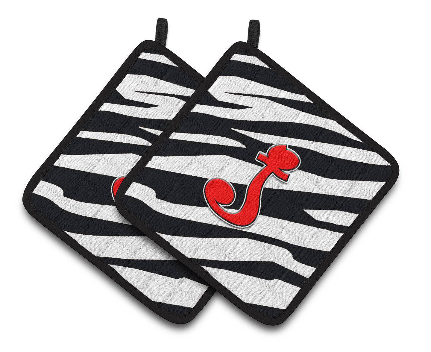 Monogram Initial J Zebra Red  Pair of Pot Holders CJ1024-JPTHD - the-store.com