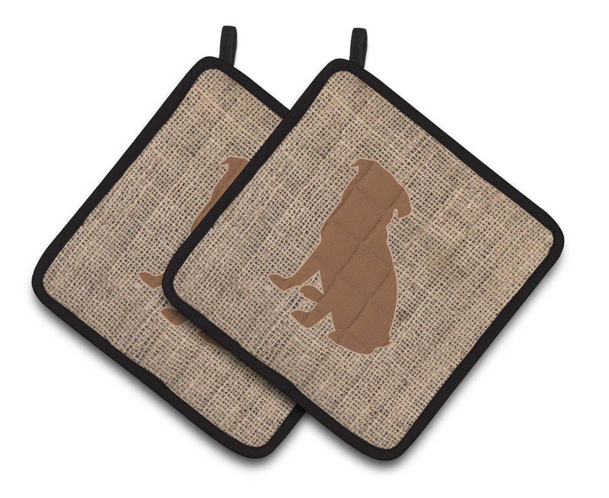 Pug Faux Burlap and Brown   Pair of Pot Holders BB1084-BL-BN-PTHD - the-store.com