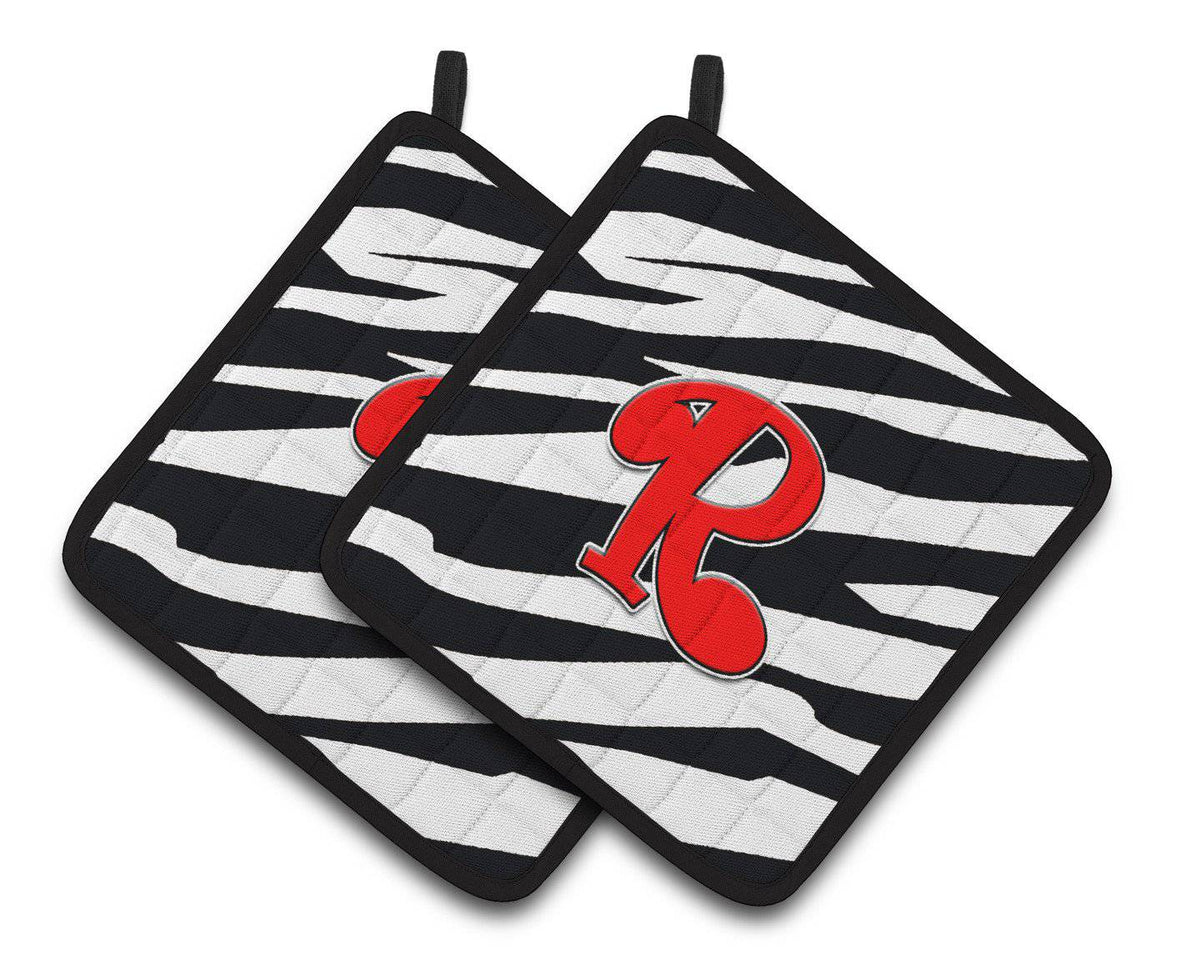 Monogram Initial R Zebra Red  Pair of Pot Holders CJ1024-RPTHD - the-store.com