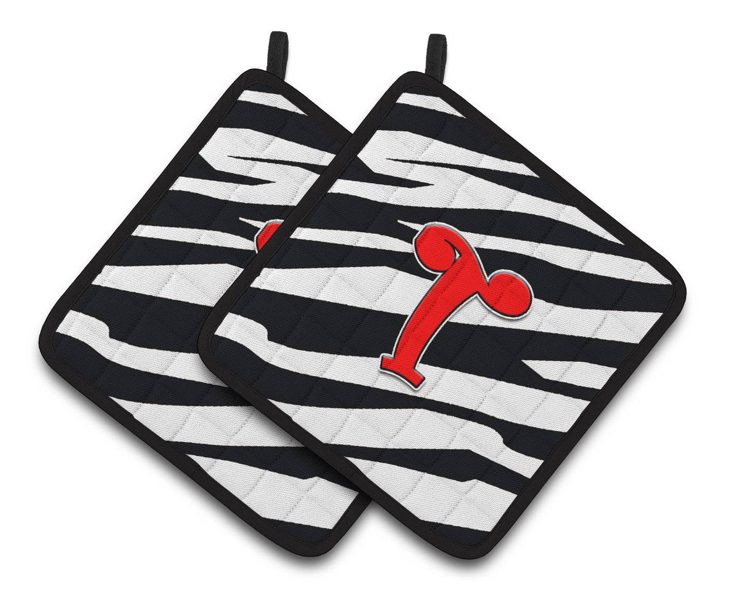 Monogram Initial T Zebra Red  Pair of Pot Holders CJ1024-TPTHD - the-store.com