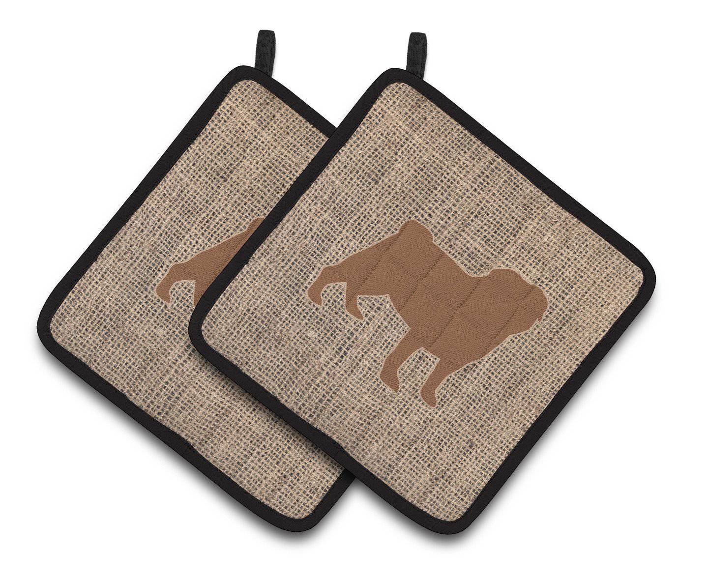Pug Faux Burlap and Brown   Pair of Pot Holders BB1112-BL-BN-PTHD - the-store.com