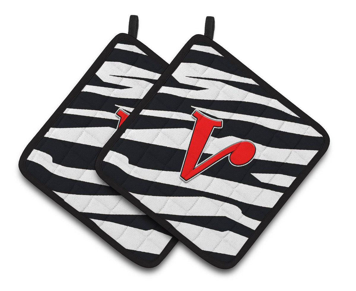 Monogram Initial V Zebra Red  Pair of Pot Holders CJ1024-VPTHD - the-store.com