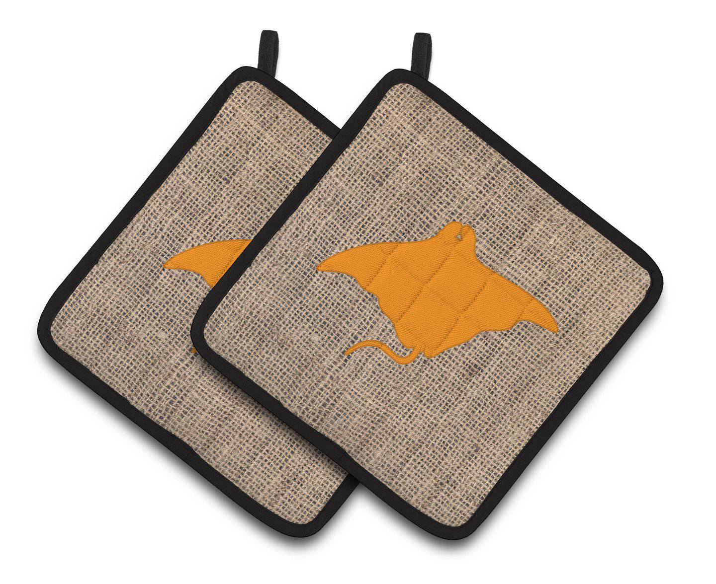 Manta ray Faux Burlap and Orange   Pair of Pot Holders BB1014-BL-OR-PTHD - the-store.com