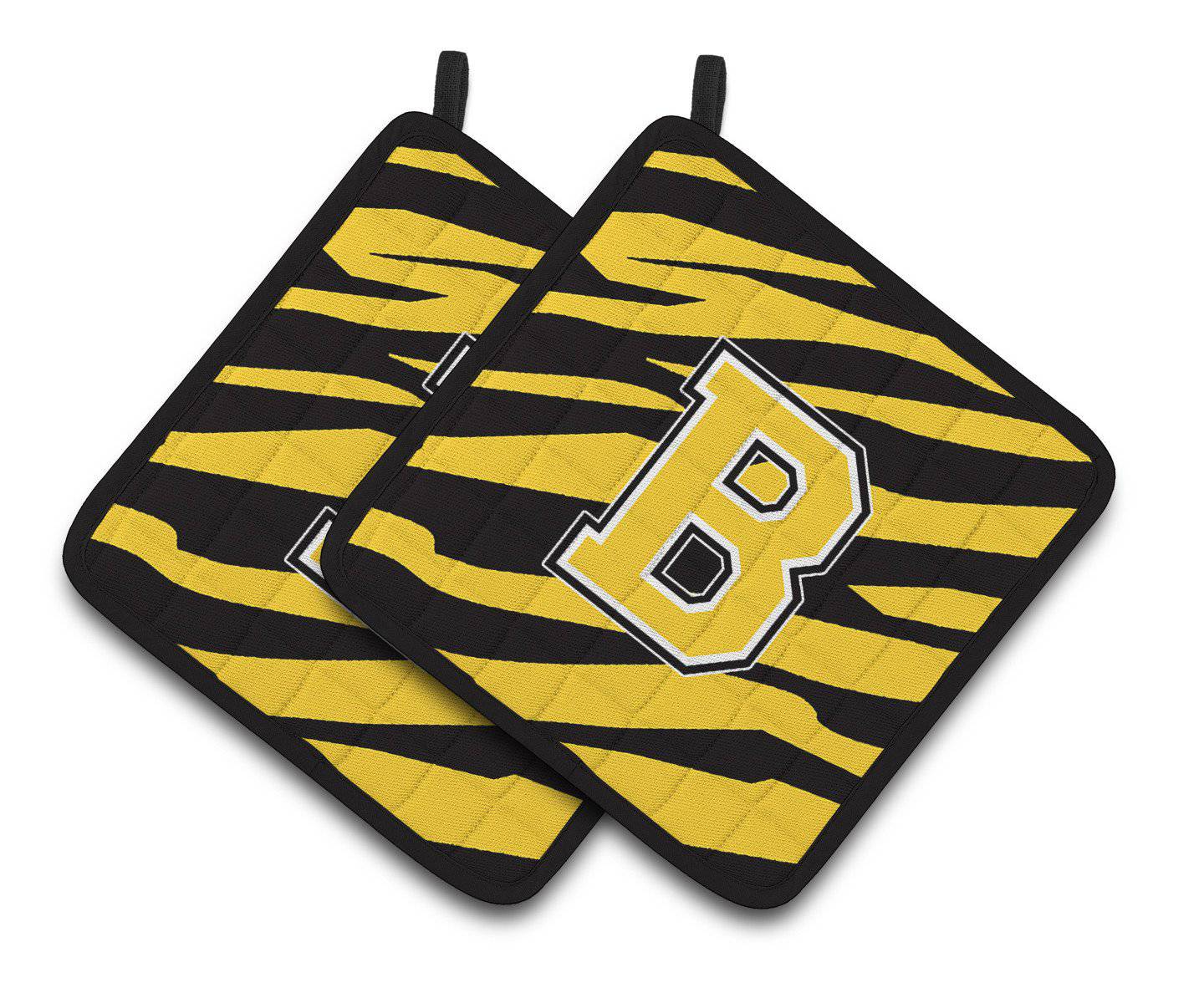 Monogram Initial B Tiger Stripe - Black Gold Pair of Pot Holders CJ1026-BPTHD - the-store.com