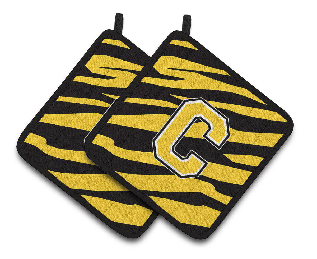 Monogram Initial C Tiger Stripe - Black Gold Pair of Pot Holders CJ1026-CPTHD - the-store.com