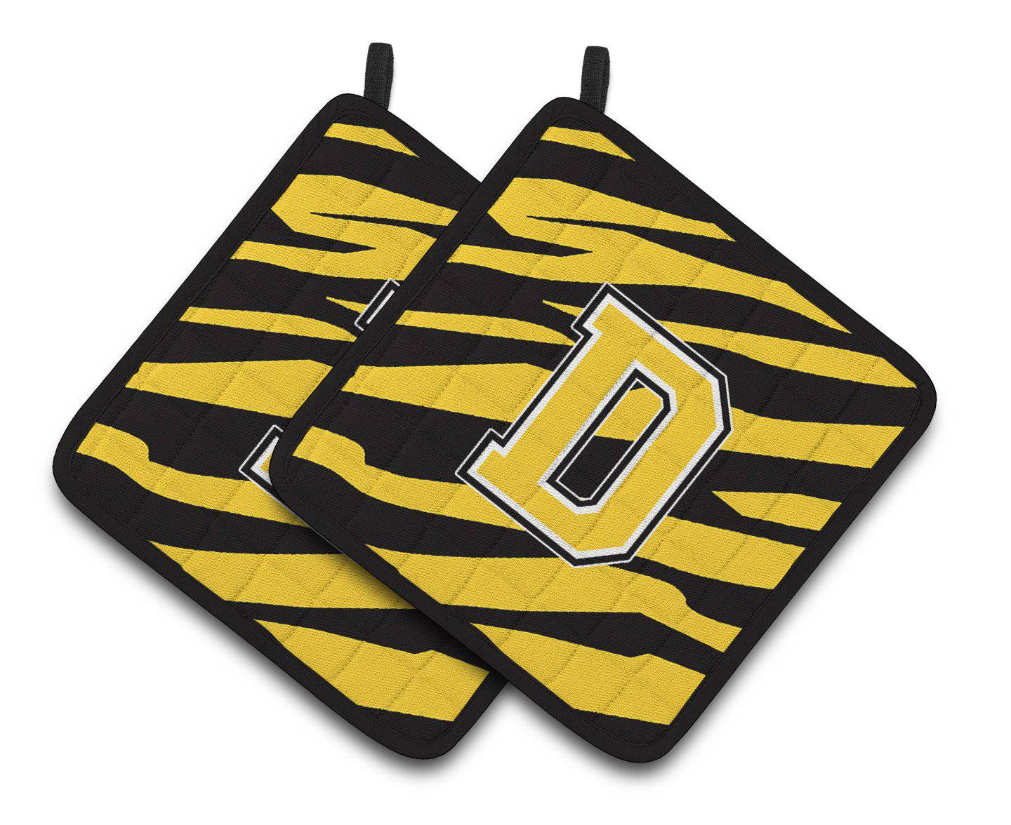 Monogram Initial D Tiger Stripe - Black Gold Pair of Pot Holders CJ1026-DPTHD - the-store.com