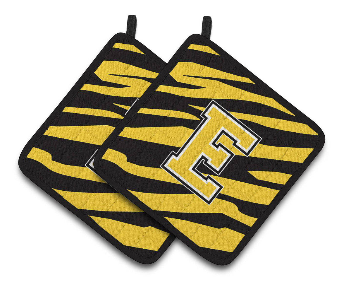 Monogram Initial E Tiger Stripe - Black Gold Pair of Pot Holders CJ1026-EPTHD - the-store.com