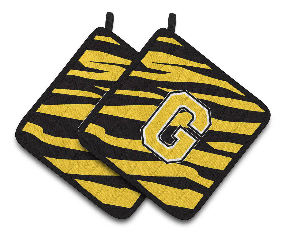Monogram Initial G Tiger Stripe - Black Gold Pair of Pot Holders CJ1026-GPTHD - the-store.com